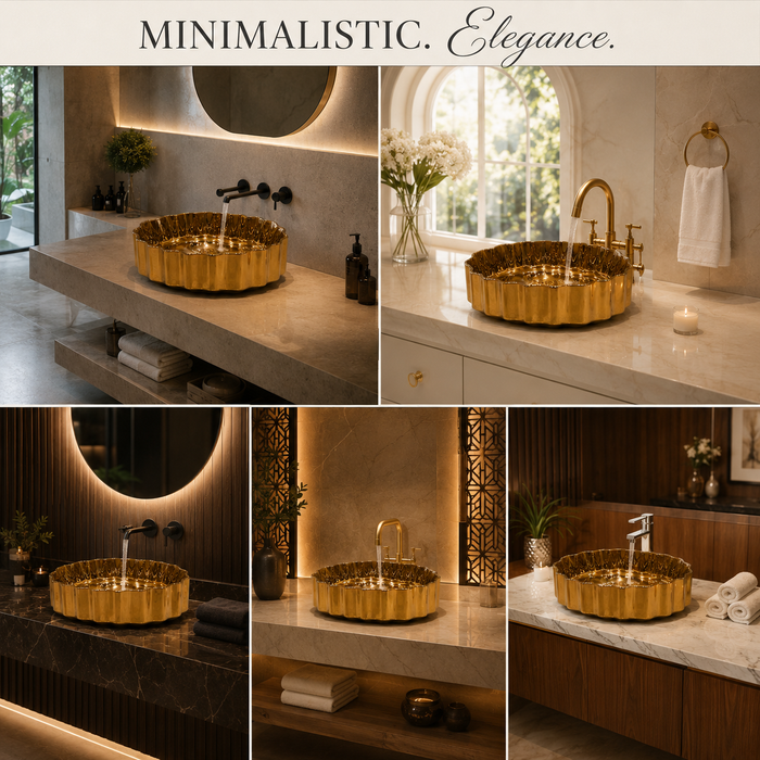 Luxury gold ceramic oval vessel wash basin with decorative scalloped exterior by Bassino