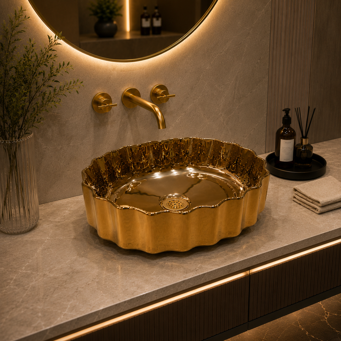 Luxury gold ceramic oval vessel wash basin with decorative scalloped exterior by Bassino