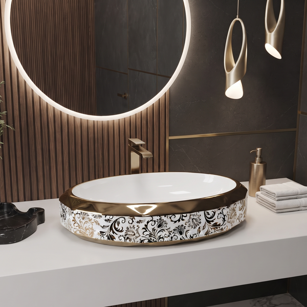 Luxury Gold & White Floral Oval Ceramic Table Top Wash Basin – 600×400×125 mm