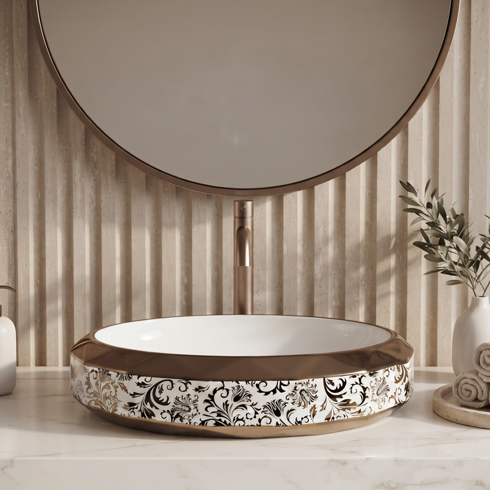 Luxury gold white and black floral oval ceramic table top wash basin 600x400x125 mm with decorative pattern and faceted gold rim.