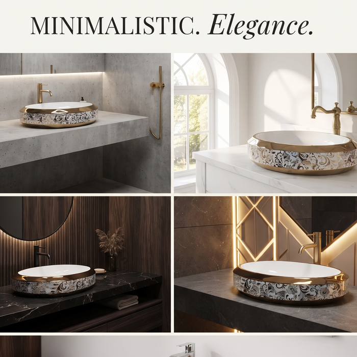 Luxury gold white and black floral oval ceramic table top wash basin 600x400x125 mm with decorative pattern and faceted gold rim.