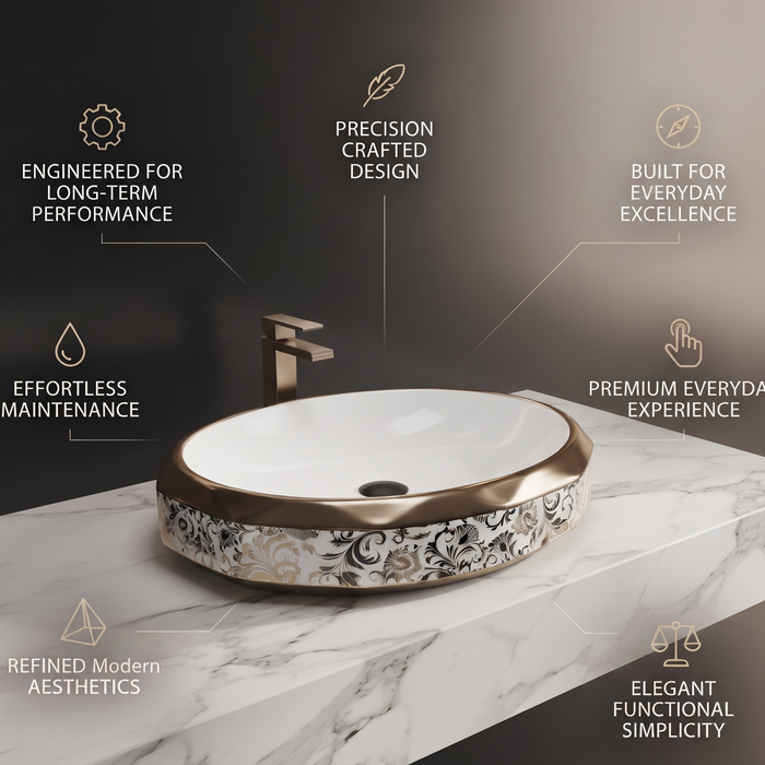 Luxury gold white and black floral oval ceramic table top wash basin 600x400x125 mm with decorative pattern and faceted gold rim.