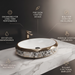 Luxury gold white and black floral oval ceramic table top wash basin 600x400x125 mm with decorative pattern and faceted gold rim.