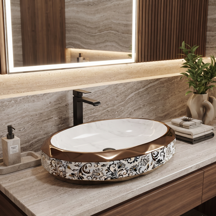 Luxury gold white and black floral oval ceramic table top wash basin 600x400x125 mm with decorative pattern and faceted gold rim.