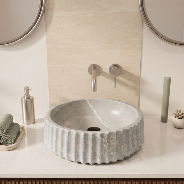 Luxury grey marble-finish round table top wash basin with white veining, fluted exterior design and 400 × 400 × 135 mm size.