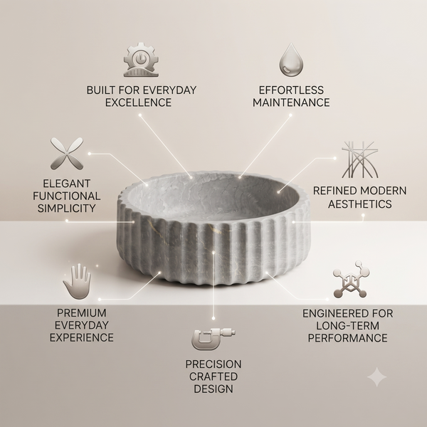 Luxury Grey Marble Finish Round Table Top Wash Basin – Fluted Design | 400 × 400 × 135 mm