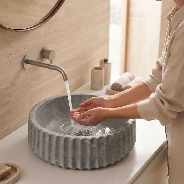 Luxury grey marble-finish round table top wash basin with white veining, fluted exterior design and 400 × 400 × 135 mm size.