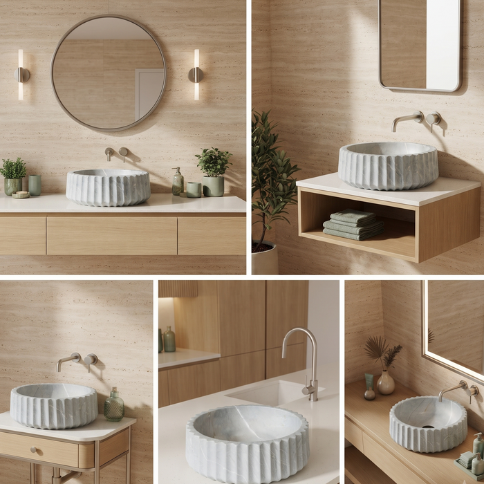 Luxury grey marble-finish round table top wash basin with white veining, fluted exterior design and 400 × 400 × 135 mm size.