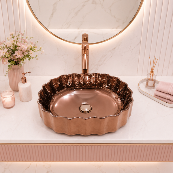 20" Rose Gold Glossy Ceramic Countertop Wash Basin | Luxury Fluted Vessel Sink (500 × 370 × 145 mm)