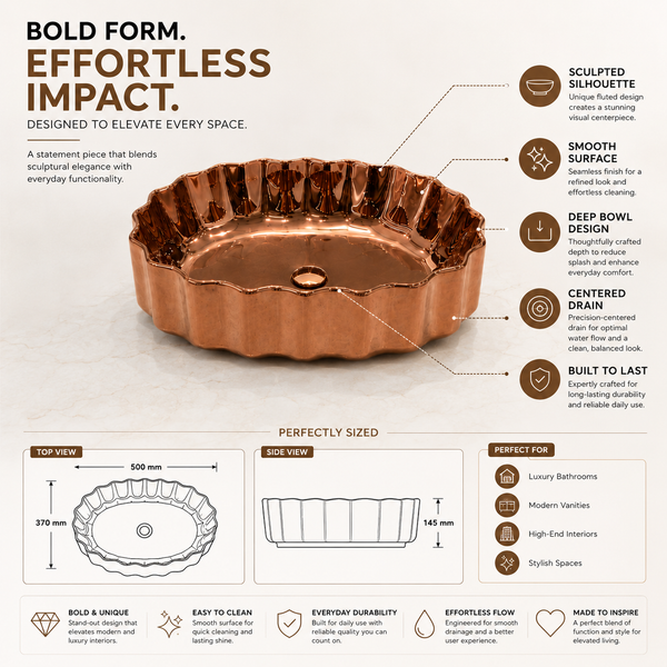 20" Rose Gold Glossy Ceramic Countertop Wash Basin | Luxury Fluted Vessel Sink (500 × 370 × 145 mm)