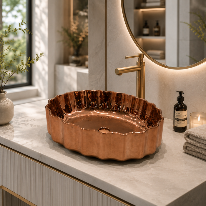 Luxury rose gold ceramic vessel wash basin for modern bathroom vanity by Bassino