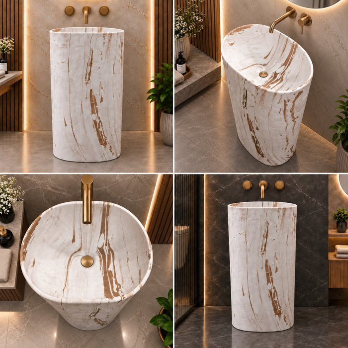 Luxury white marble finish freestanding pedestal wash basin 510x360x820 mm with brown veining, modern oval designer bathroom basin for premium interiors
