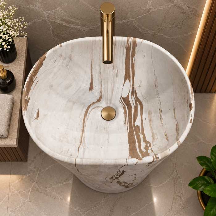 Luxury white marble finish freestanding pedestal wash basin 510x360x820 mm with brown veining, modern oval designer bathroom basin for premium interiors