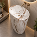 Luxury white marble finish freestanding pedestal wash basin 510x360x820 mm with brown veining, modern oval designer bathroom basin for premium interiors