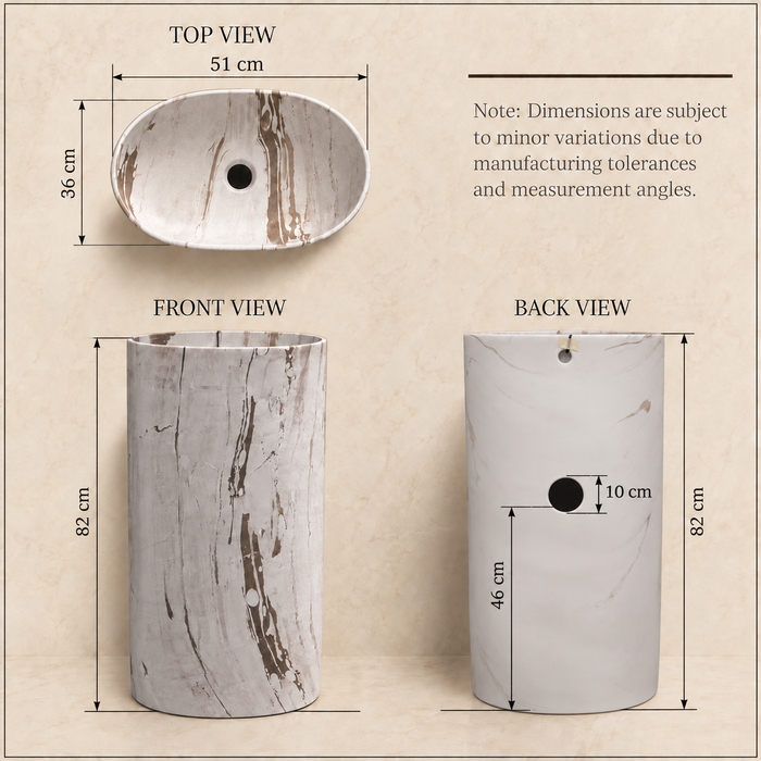 Luxury white marble finish freestanding pedestal wash basin 510x360x820 mm with brown veining, modern oval designer bathroom basin for premium interiors