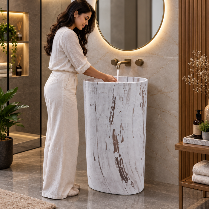 Luxury white marble finish freestanding pedestal wash basin 510x360x820 mm with brown veining, modern oval designer bathroom basin for premium interiors