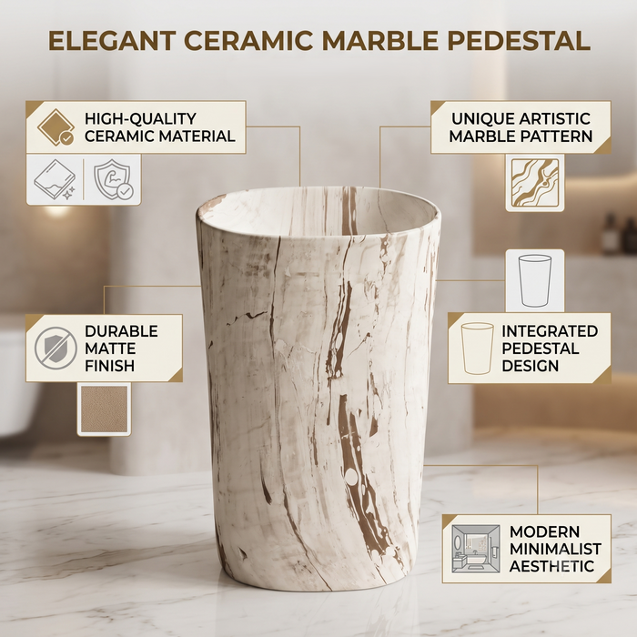 Luxury white marble finish freestanding pedestal wash basin 510x360x820 mm with brown veining, modern oval designer bathroom basin for premium interiors
