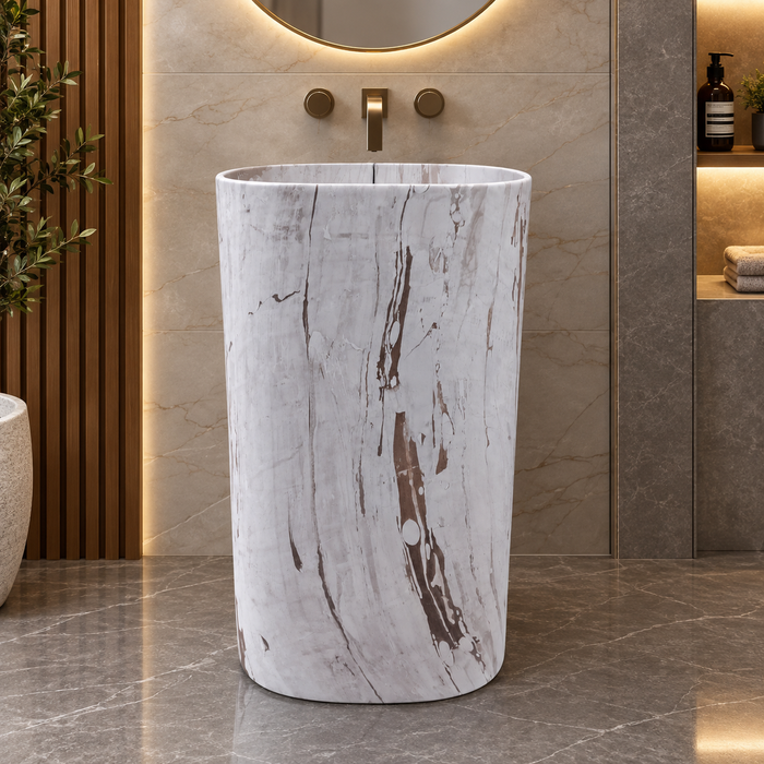 Luxury white marble finish freestanding pedestal wash basin 510x360x820 mm with brown veining, modern oval designer bathroom basin for premium interiors