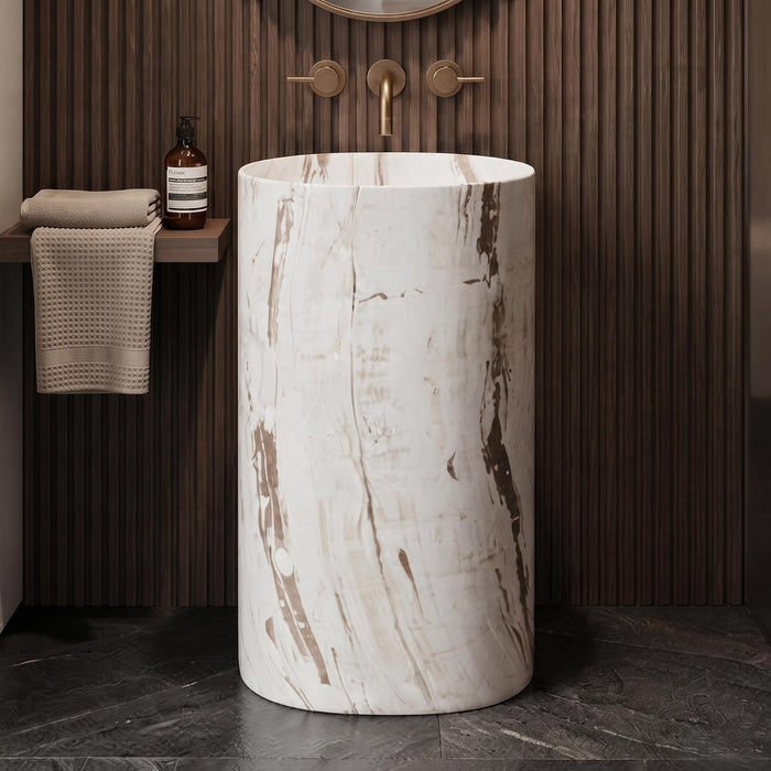 Luxury white marble finish freestanding pedestal wash basin 510x360x820 mm with brown veining, modern oval designer bathroom basin for premium interiors