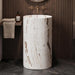 Luxury white marble finish freestanding pedestal wash basin 510x360x820 mm with brown veining, modern oval designer bathroom basin for premium interiors