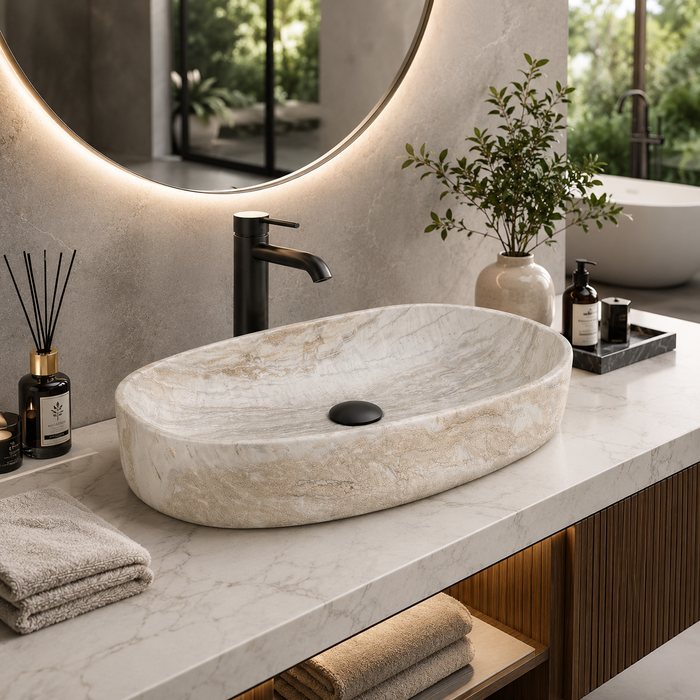 Marble Oval Countertop Long Wash Basin 