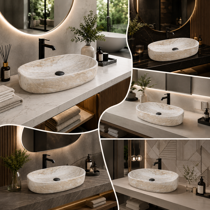 Marble Oval Countertop Long Wash Basin 