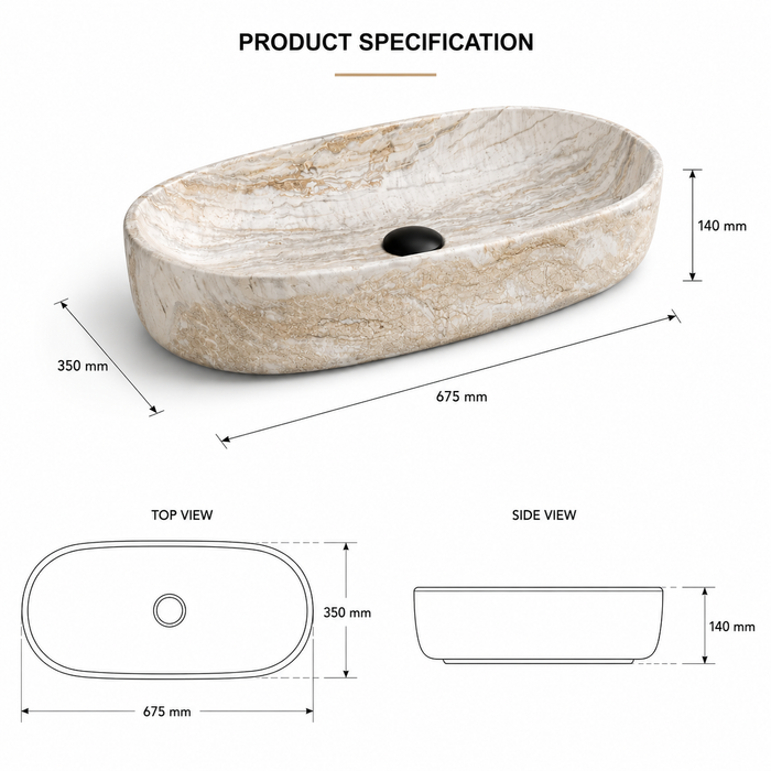 Marble Oval Countertop Long Wash Basin 