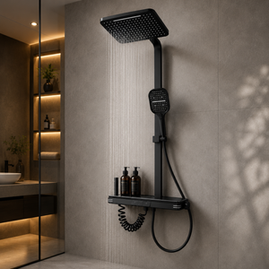 Matte Black Rain Shower System with Hand Shower & Thermostatic Mixer | Luxury Bathroom Shower Set