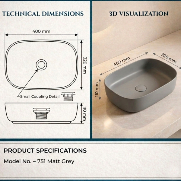 Bassino Modern Melamine Wash Basin | Stylish Countertop Wash Basin for Bathroom–400x320x110 mm Grey