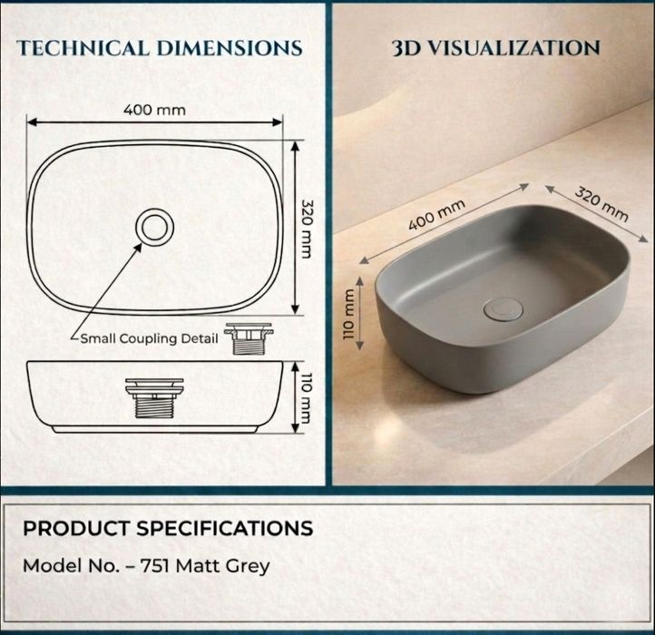 Matte Gray Melamine Wash Basin Size