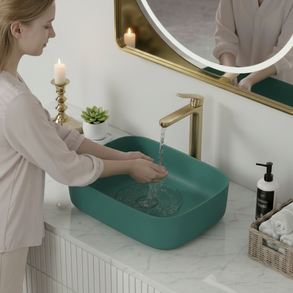 Bassino Modern Melamine Wash Basin | Stylish Countertop Wash Basin for Bathroom–400x320x110 mm Green