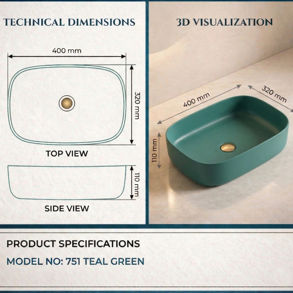 Bassino Modern Melamine Wash Basin | Stylish Countertop Wash Basin for Bathroom–400x320x110 mm Green