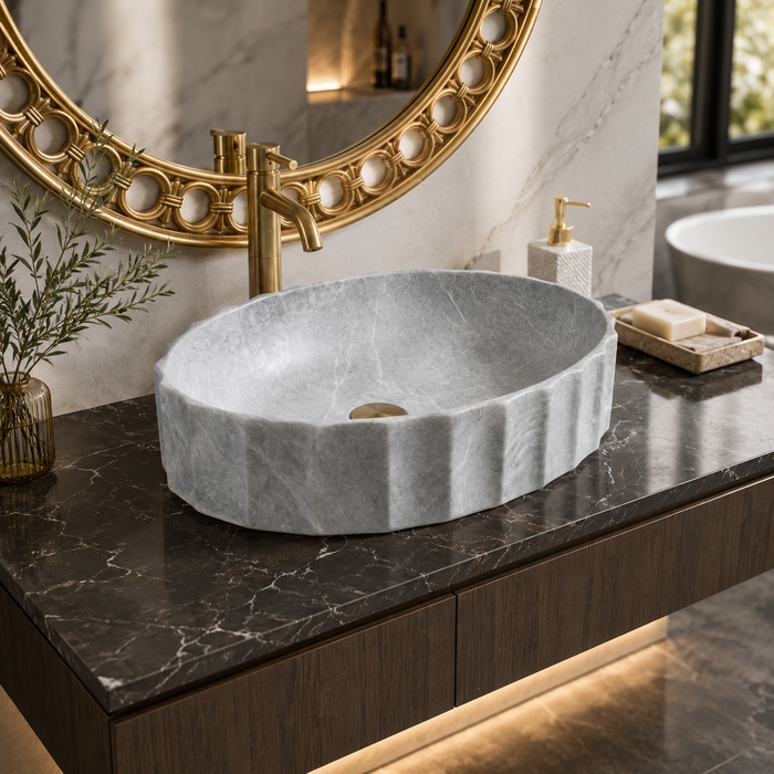 Matte Marble Finish Designer Oval Countertop Bathroom Wash Basin 