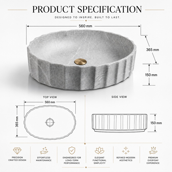 Matte Marble Finish Designer Oval Countertop Bathroom Sink Wash Basin (22" × 14" × 6" IN) Grey