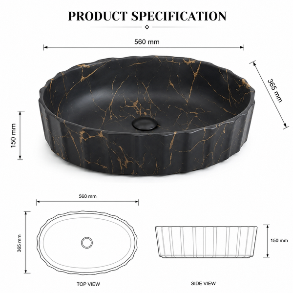 Matte Marble Finish Designer Oval Countertop Bathroom Sink Wash Basin (22" × 14" × 6" IN) Black