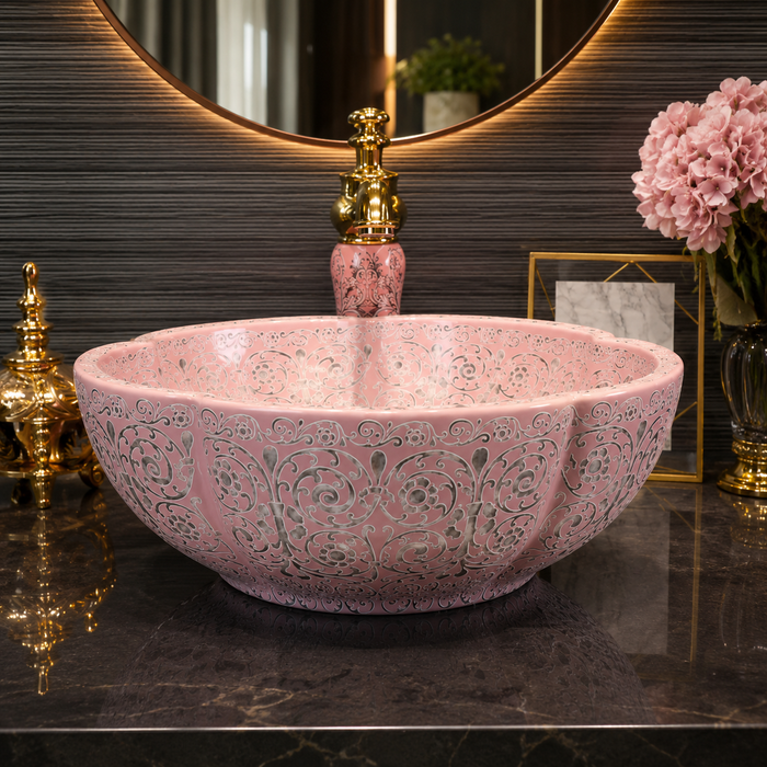 Matte Pink Moroccan ceramic flower shape wash basin  
