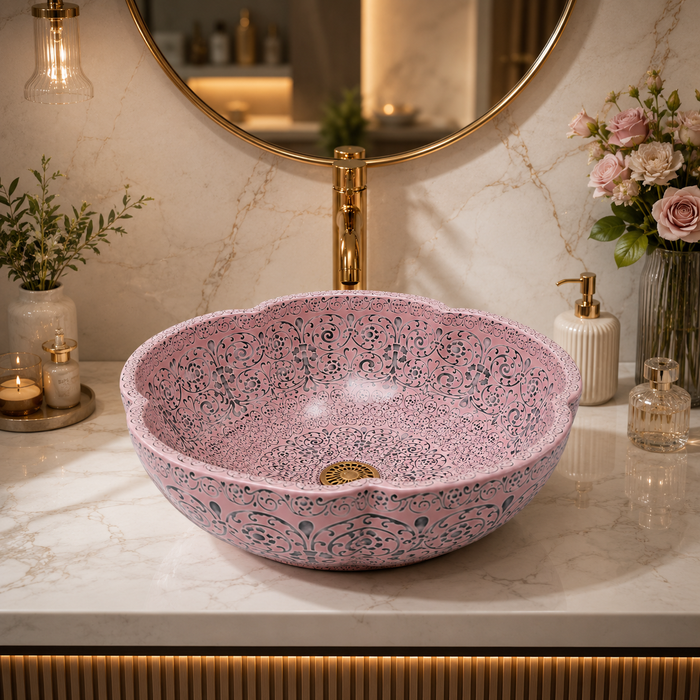 Matte Pink Moroccan ceramic flower shape wash basin  