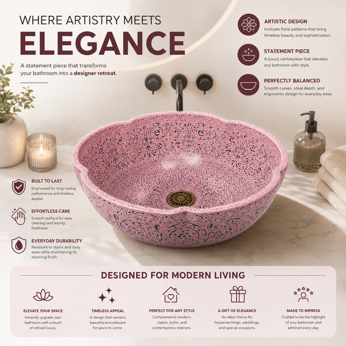 Matte Pink Moroccan ceramic flower shape wash basin  