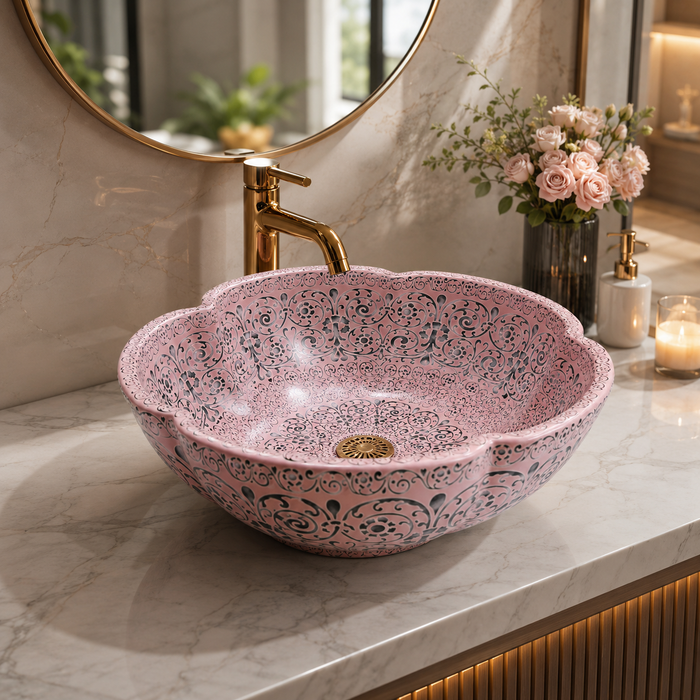 Matte Pink Moroccan ceramic flower shape wash basin  