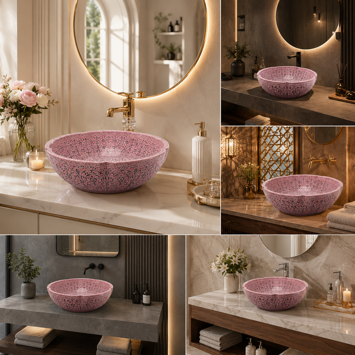 Matte Pink Moroccan ceramic flower shape wash basin  