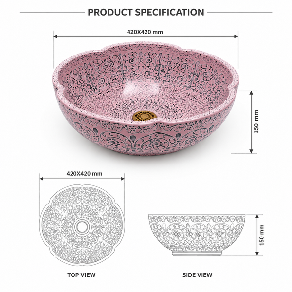 Designer Moroccan Wash Basin (Matte Pink, Floral Art Design 16.5''x16.5''x5'' )