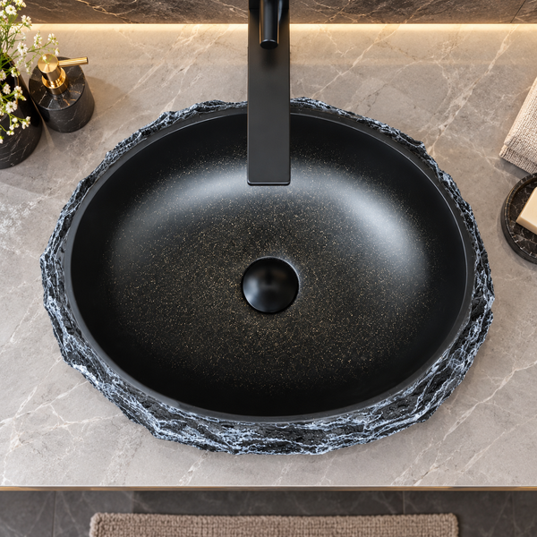 Artificial Stone Table Top Wash Basin 20×16×6 Inch – Matte Black with Gold Speckles & Natural Rock Texture, Luxury Countertop Bathroom Sink