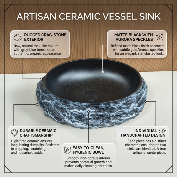 Artificial Stone Table Top Wash Basin 20×16×6 Inch – Matte Black with Gold Speckles & Natural Rock Texture, Luxury Countertop Bathroom Sink