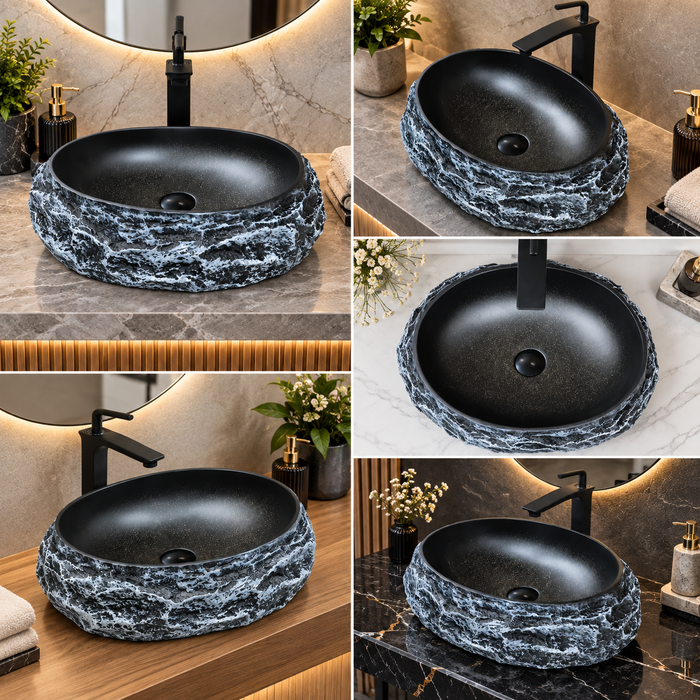 Matte black artificial stone table top wash basin with gold speckles and natural rock-textured exterior, 500×400×150 mm luxury countertop sink for modern bathrooms.