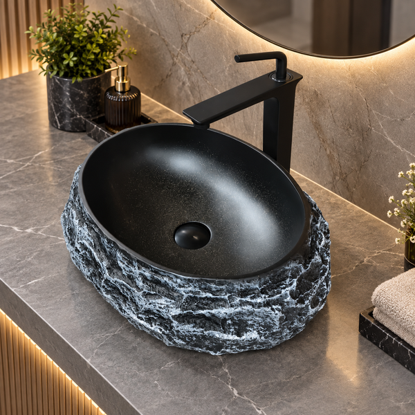 Artificial Stone Table Top Wash Basin 20×16×6 Inch – Matte Black with Gold Speckles & Natural Rock Texture, Luxury Countertop Bathroom Sink
