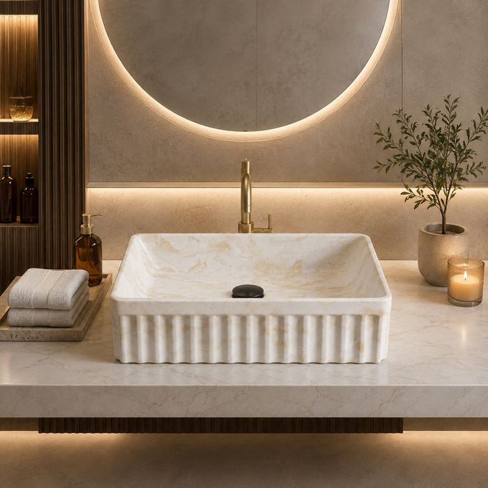 Matte ceramic table top wash basin with fluted marble design, 500 × 330 × 150 mm product dimensions