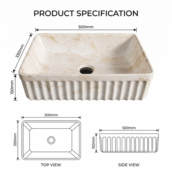 Luxury Matte Ceramic Table Top Wash Basin – Fluted Marble Design | 500 × 330 × 150 mm