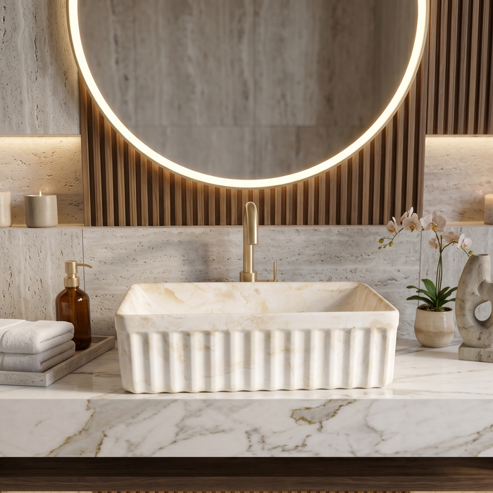 Matte ceramic table top wash basin with fluted marble design, 500 × 330 × 150 mm product dimensions