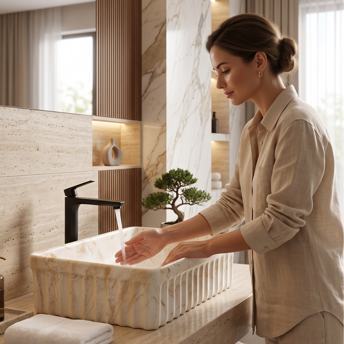 Matte ceramic table top wash basin with fluted marble design, 500 × 330 × 150 mm product dimensions