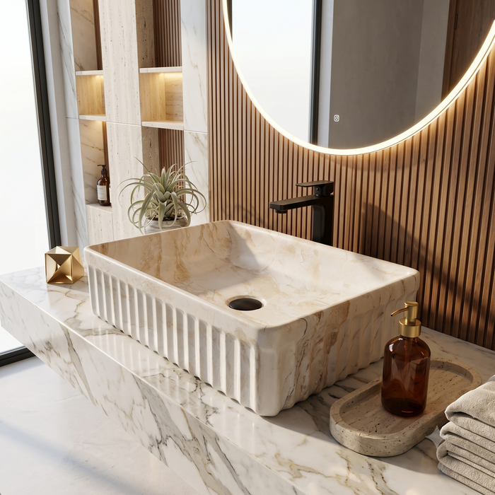 Matte ceramic table top wash basin with fluted marble design, 500 × 330 × 150 mm product dimensions